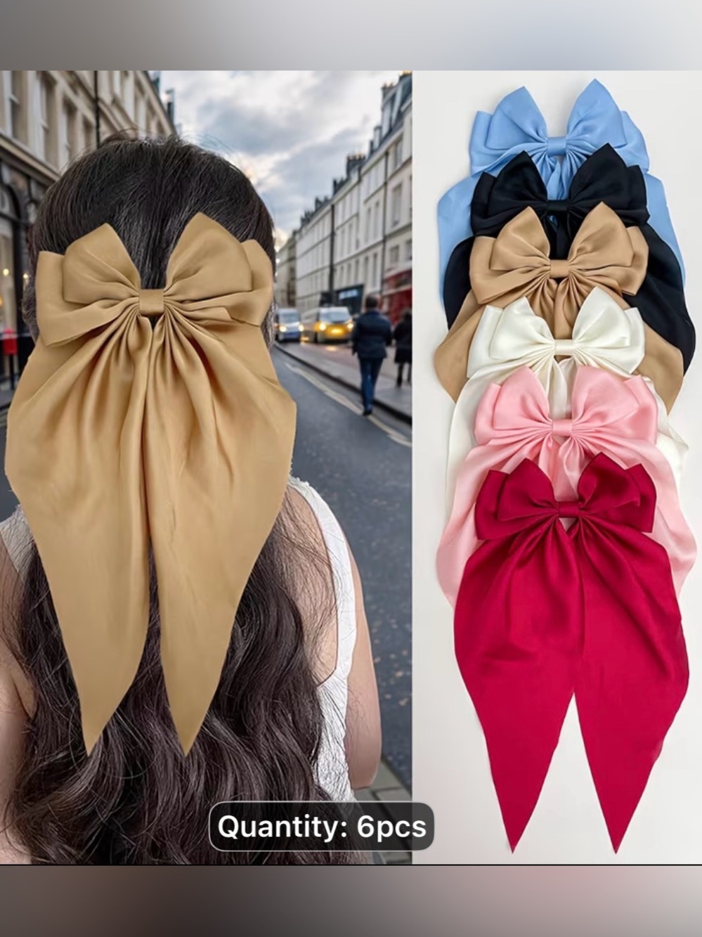 6 Elegant Satin Hair Bow Clip - Gold, Red, light pink, light blue, white, black